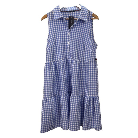 Tommy Hilfiger NWT Dress 10 Sleeveless Tiered Ruffle Hem Blue Gingham Seersucker - Picture 1 of 6